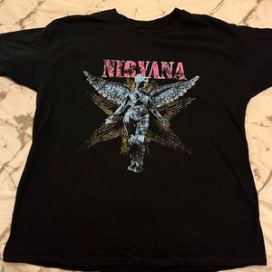 NIRVANA Black Tee with Pink and Blue Graphic